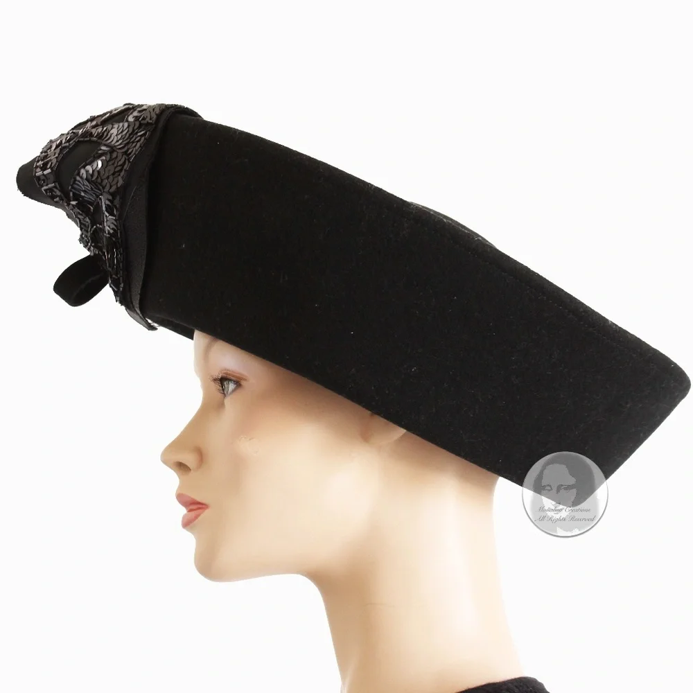 Mr. John Hat Breton Black Wool Felt Embellished Sequins Bow Formal Vintage 60s